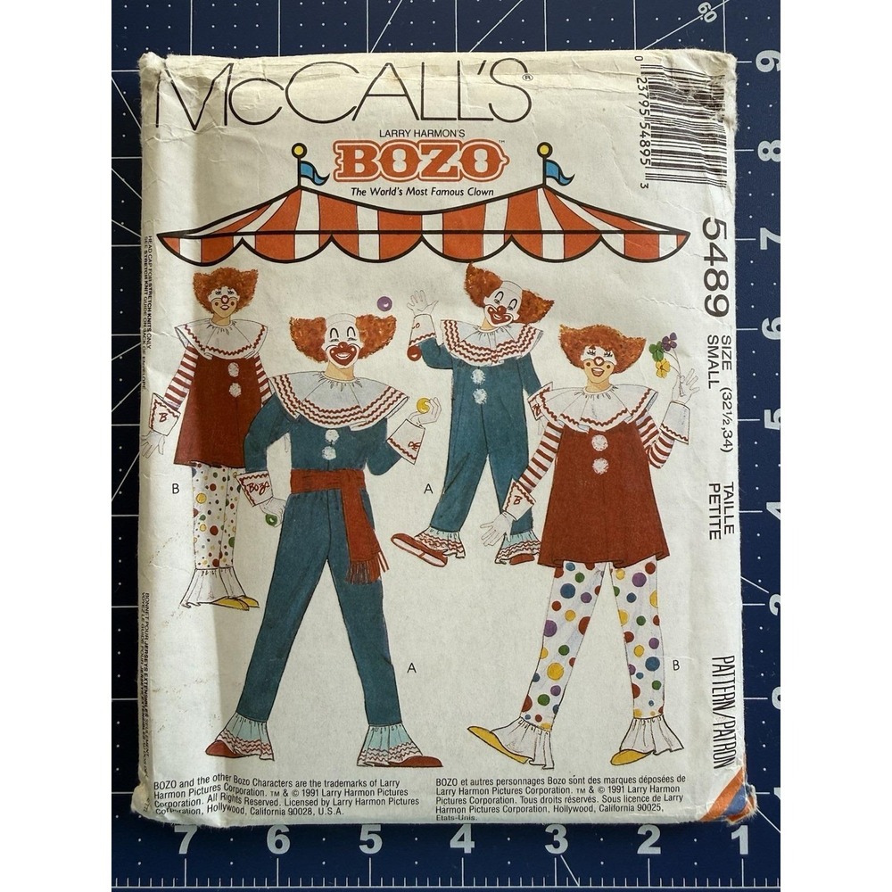 McCall's BOZO The Clown Costume Pattern 5489 Unisex Adult Small 32.5"-34" UC FF